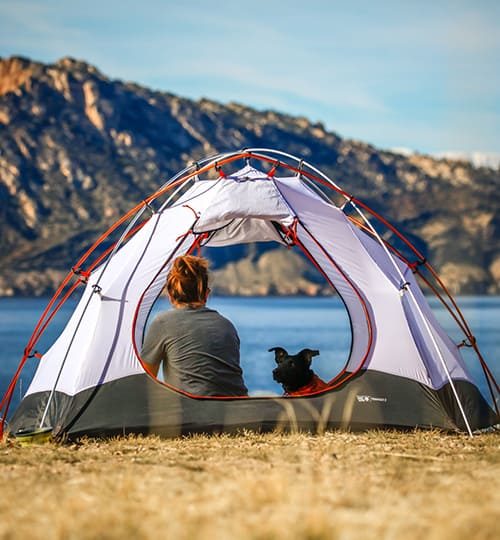 Projects "A person sitting inside an open dome tent looking out at a scenic lake during an outdoor camping trip."