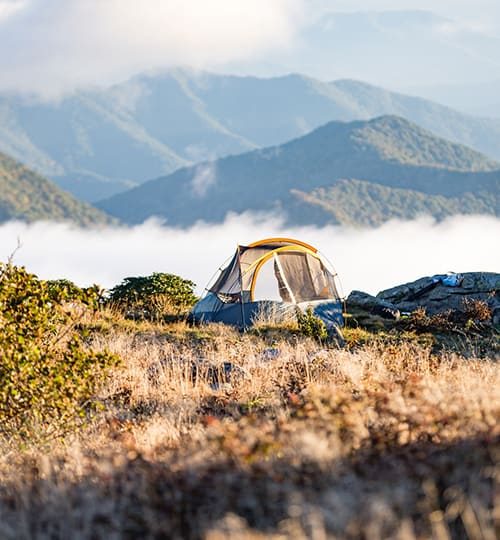 Projects "A camping tent pitched on a wild mountain ridge surrounded by low clouds and misty peaks."